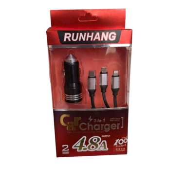 Charger mobil usb 3 in 1 car charger usb 3 in 1 runhang 4.8A-black