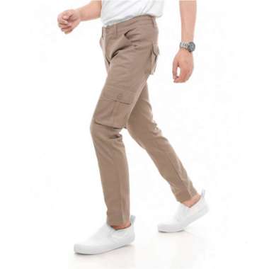 Celana Panjang Cargo Pants Pria Bahan Cotton Twill Stretch - Abu-abu, 36 32 Mocca