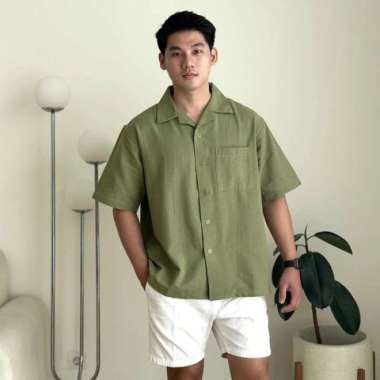 COZYCLUB Cuban Bowling Shirt Linen - Kemeja Linen Kerah Pria - Black, M Sage L
