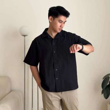 COZYCLUB Cuban Bowling Shirt Linen - Kemeja Linen Kerah Pria - Black, M Black XL