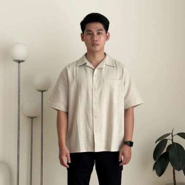 COZYCLUB Cuban Bowling Shirt Linen - Kemeja Linen Kerah Pria - Black, M Beige XL