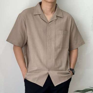 COZYCLUB Cuban Bowling Shirt Linen - Kemeja Linen Kerah Pria - Black, M Coffee XL