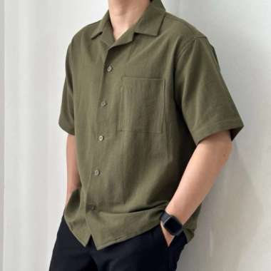 COZYCLUB Cuban Bowling Shirt Linen - Kemeja Linen Kerah Pria - Black, M Olive XL