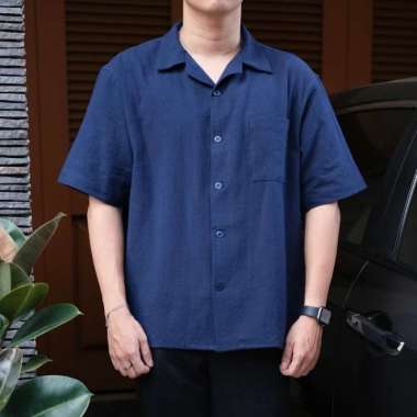 COZYCLUB Cuban Bowling Shirt Linen - Kemeja Linen Kerah Pria - Black, M Navy S
