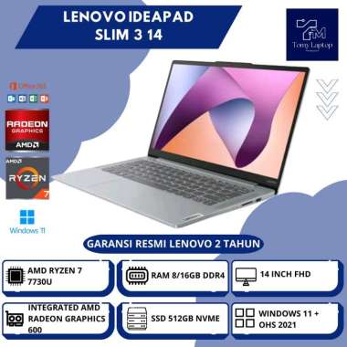 LAPTOP BARU LENOVO IDEAPAD SLIM 3 14 AMD RYZEN 7-7730U RAM 8/16GB DDR4 SSD 512GB NVME 14INCH FHD GRY