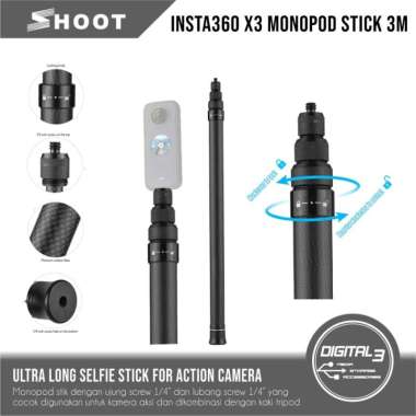 SHOOT Tongsis Monopod Selfie Stick Ultra Long 3M Carbon Adjustable Extension Pole Insta360 One X3 On