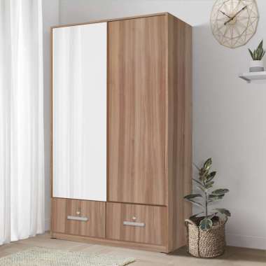Kirana Lemari Pakaian Kayu 2 Pintu Sliding / Geser Wardrobe Putih Modern Minimalis - Omaha Brown Tea