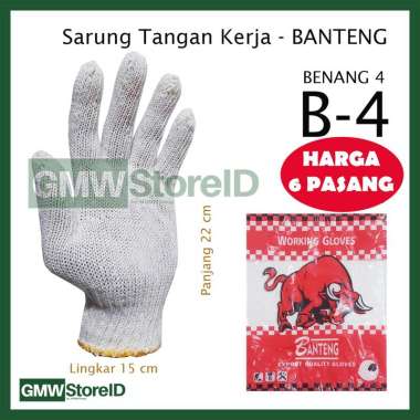 [6 Pasang] W873 Sarung Tangan Kerja Benang 4 BANTENG Rajut Safety Gloves Putih B4 B6 (W874)