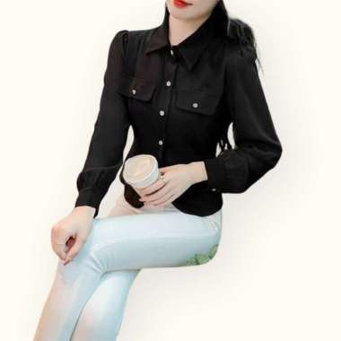 Kemeja lengan panjang Wanita Gaya Korea model terbaru - Jfashion Martha XL Hitam