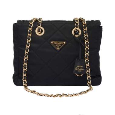 Prada Re-Edition 1995 Enameled Metal Triangle Chaine Re-Nylon Tote Bag Black Black