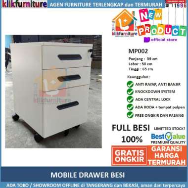 MP002 Pedestal Meja 3 Laci Drawer Besi | Cabinet Laci Meja roda | Nakas Roda Besi Mobile Drawer
