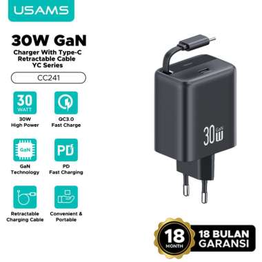 USAMS 20W GaN Charger Type-C Retractable Cable - Type C Port - 80CM Type C Cable CC241 30W - Hitam
