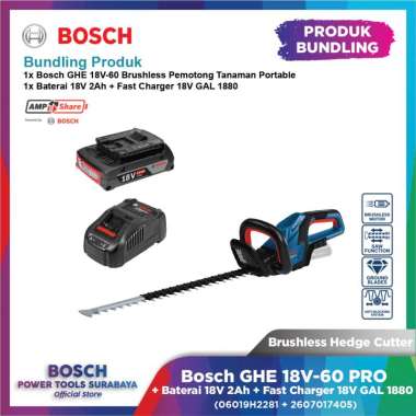 Bosch GHE 18V-60 Brushless Pemotong Tanaman + Baterai 18V 2Ah + Fast Charger 18V GAL 1880 06008C9000