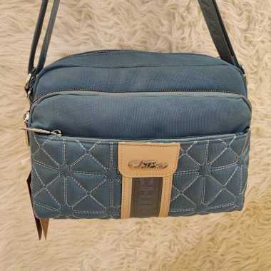 Tas Slempang Chibao CB 107-22-C-51 Lis 6 Resleting Canvas Selempang Wanita Biru Langit