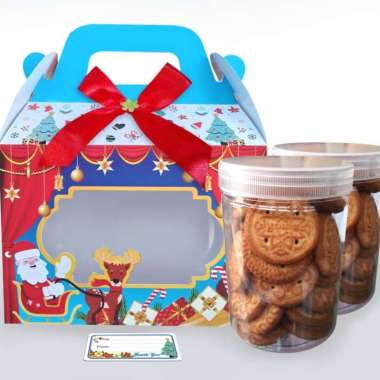 Box Hampers X'mas Dus Natal Box Toples Biru Pita merah (untuk 2 Toples Jar)