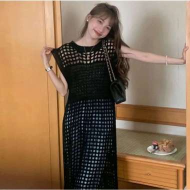 Rajut Jaring Tunik Atasan Wanita Ruby Rajut Dress Jaring Rajut Knit Hitam