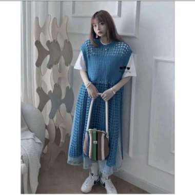Rajut Jaring Tunik Atasan Wanita Ruby Rajut Dress Jaring Rajut Knit Denim