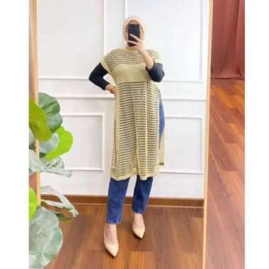 Rajut Jaring Tunik Atasan Wanita Ruby Rajut Dress Jaring Rajut Knit Cream