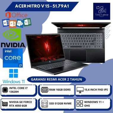 LAPTOP BARU ACER NITRO V 15 INTEL CORE I7-13620H RAM 16GB DDR5 SSD 512GB NVME 15,6INCH FHD IPS BLK -