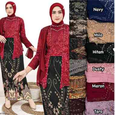 BROKAT KEBAYA SET ROK PREMIUM GAMIS PESTA MEWAH SET KEBAYA CANTIK XL (Ld110cm) Merah-Maroon