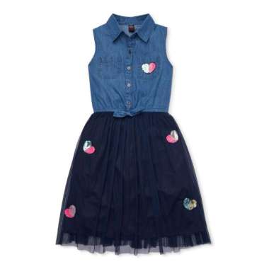 Girls Denim Combo Glitter and Sequin Tulle Tie Front Dress Size 10/12
