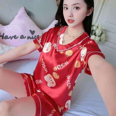 PP1 Baju Tidur Set Cantik Piyama Wanita Celana Pendek Baju Tidur Bahan Satin Adem BERUANG WSD