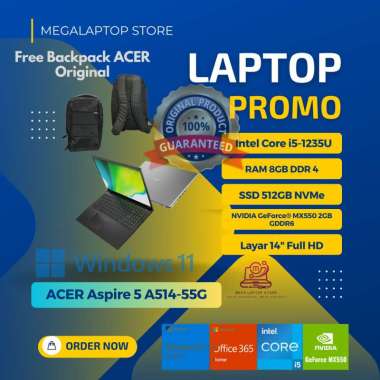 New ACER Aspire 5 A514-55G i5 1235U RAM 16GB/SSD 512GB Layar 14"FHD VGA MX550 2GB GDDR6 WIN 11