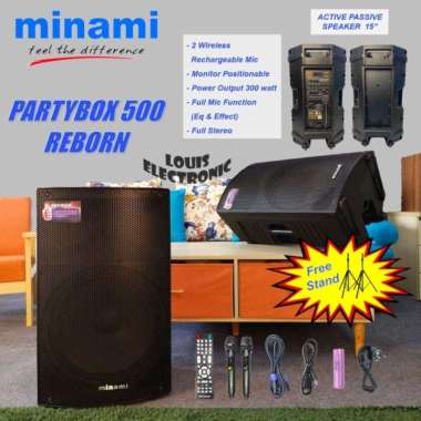 Speaker Aktif + Pasif 15 Inch MINAMI PARTYBOX 500 REBORN ( Stand Speaker + 2 Mic Wireless Recharge )