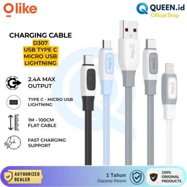Olike D307 Kabel Data Charger USB TYPE C MicroUSB Lightning 2.4A Fast Charging Flat Cable D307L LIGH