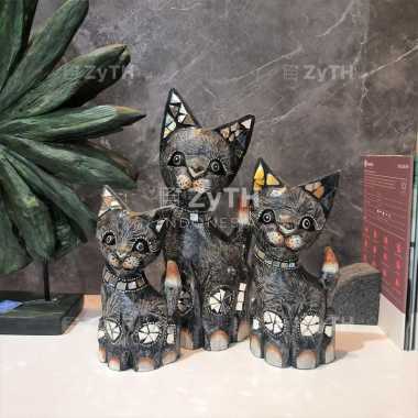Patung Kucing, Patung Kucing Lucu, Dekorasi Pajangan Kucing, Patung Dari Kayu Albasiya / Balinese Ca