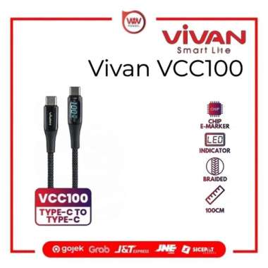 VIVAN VCC100 Kabel Data Type C To Type C 100W 5A 100cm Fast Charging Smart LED Display Black