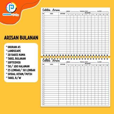(NON CUSTOM) LANDSCAPE Buku Rekap Arisan Tabel HARIAN/MINGGUAN/BULANAN Jilid Spiral Tabel BW A5 BULA