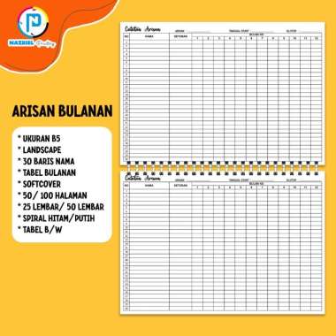 (NON CUSTOM) LANDSCAPE Buku Rekap Arisan Tabel HARIAN/MINGGUAN/BULANAN Jilid Spiral Tabel BW B5 BULA
