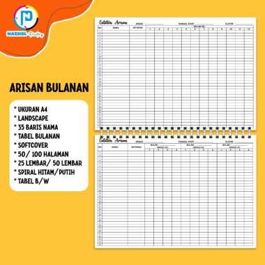 (NON CUSTOM) LANDSCAPE Buku Rekap Arisan Tabel HARIAN/MINGGUAN/BULANAN Jilid Spiral Tabel BW A4 BULA