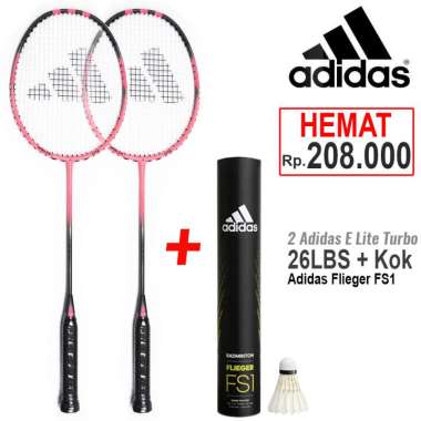 Paket 2 Raket Badminton Adidas E Lite dan Shuttlecock Flieger FS1 Speed 77 Putih isi 12
