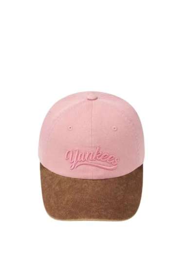 MLB Korea Varsity Vintage Cursive Color Block Unstructured Ball Cap - NY Pink