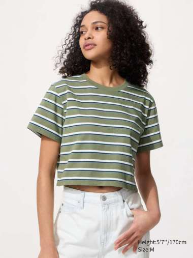 UNIQLO T-Shirt Crop Top motif Garis Crew Neck Wanita OLIVE XL