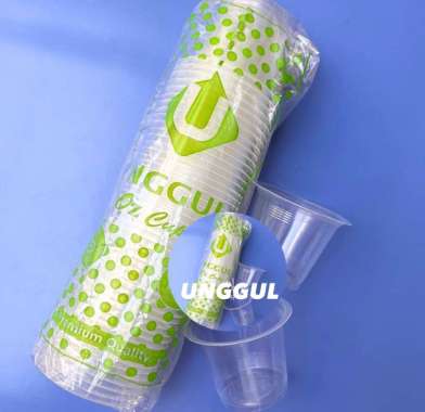 Gelas plastik Datar merk unggul isi 50 pcs Uk. 10 oz, 12 oz, 14 oz, 16 oz, 18 oz 16 oz