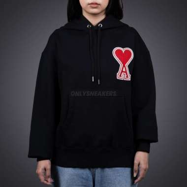 AMI PARIS BIG COEUR HEART RED LOGO PATCH EMBROIDERY BLACK HOODIE L