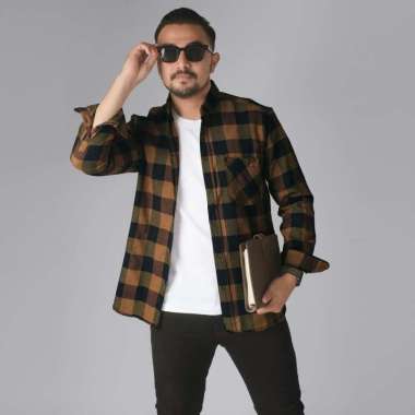 DGM Kemeja Pria Flanel Panjang Premium Kotak Kotak Kemeja Flanel Kuning Hitam 2662 XL