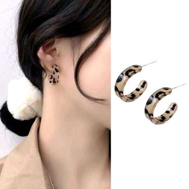 Nemera Leopard Hoop Stud Earrings Anting Circle Lingkaran Resin Motif Macan Tutul Fashion