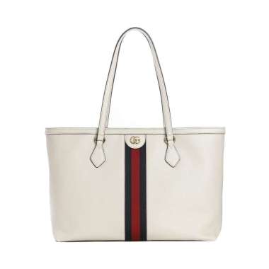 [12.12 Dealcember] Gucci GG Web Medium Ophidia Textured Calfskin Tote Bag White White
