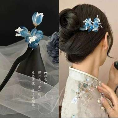 Tusuk Konde Tusuk Sanggul Blue Magnolia Wooden Hair Stick Chinese Style H159 - Blue