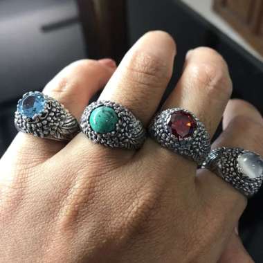 Cincin Ring Perak Silver Bali Asli 925 Kamboja Daun Bulat Batu Akik Pria Wanita Natural Elegan Custo