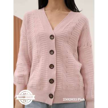 Cammomile 2502035 AF v22 Cardigan korea Style tebal kancing 5 rajutan knitwear lengan panjang Pink