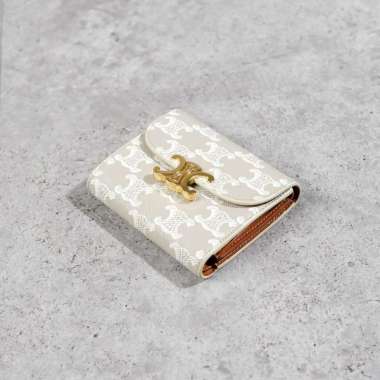 Dompet CELINE GHW TRIOMPHE MONOGRAM BEIGE FLAP TRIFOLD WALLET 100% ORIGINAL 10X9CM