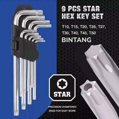 Kunci Konci L Panjang Pendek Set 9 Pcs Piece Ujung Bintang Bolong TORX Key Wrench Long Bintang TORX 
