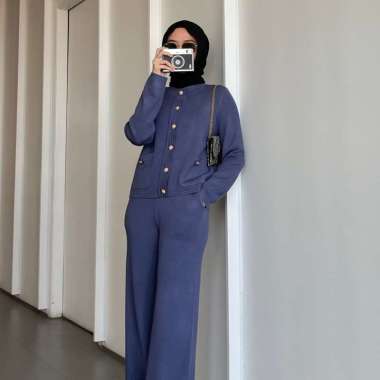 GONEGANI OFFICIAL - One Set Atasan dan Celana Knit Wanita Muji Set Denim