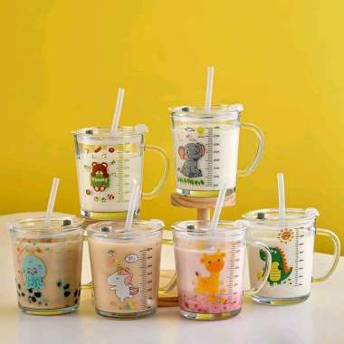 GELAS KACA ANAK KARAKTER / MUG KARAKTER ANTI TUMPAH 400ML