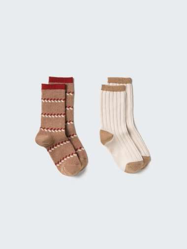 UNIQLO KIDS HEATTECH Kaos Kaki winter Socks anak 2P 2 Pack motif Fair Isle beige 20-24 cm One Size